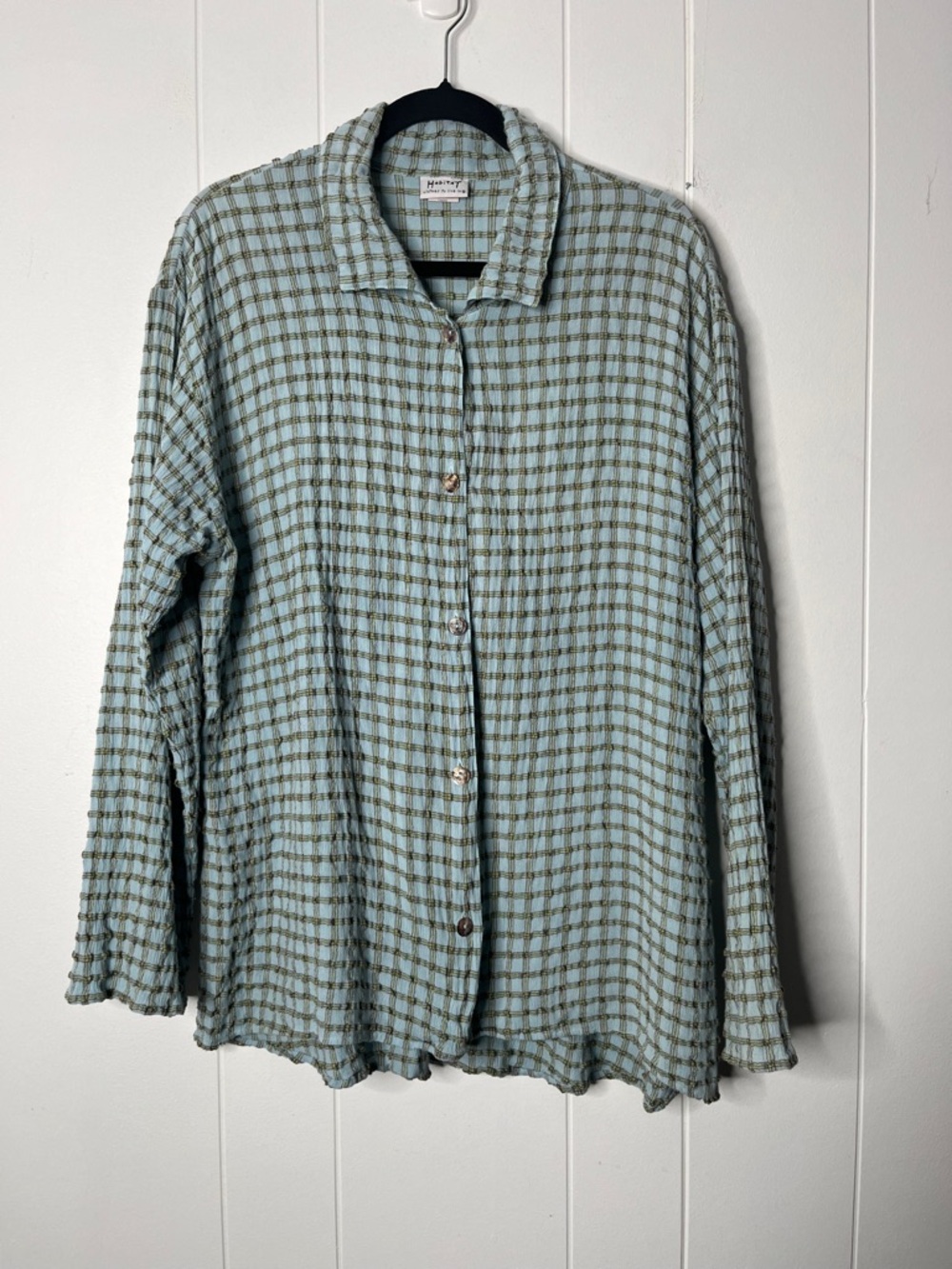 Habitat Light Blue Plaid Button-Up Top Crinkle Gauze Blouse Size L